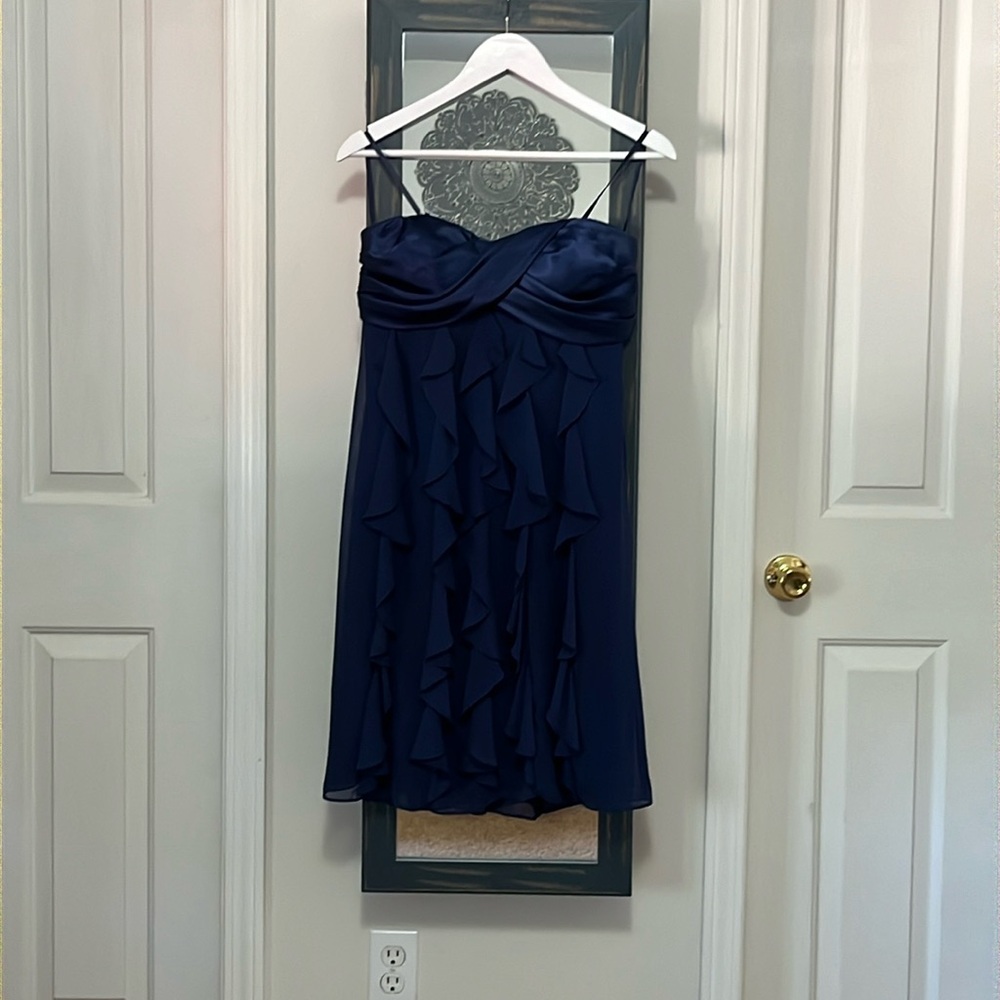 Cache midi length chiffon and satin dress. Color Navy. Size 8.